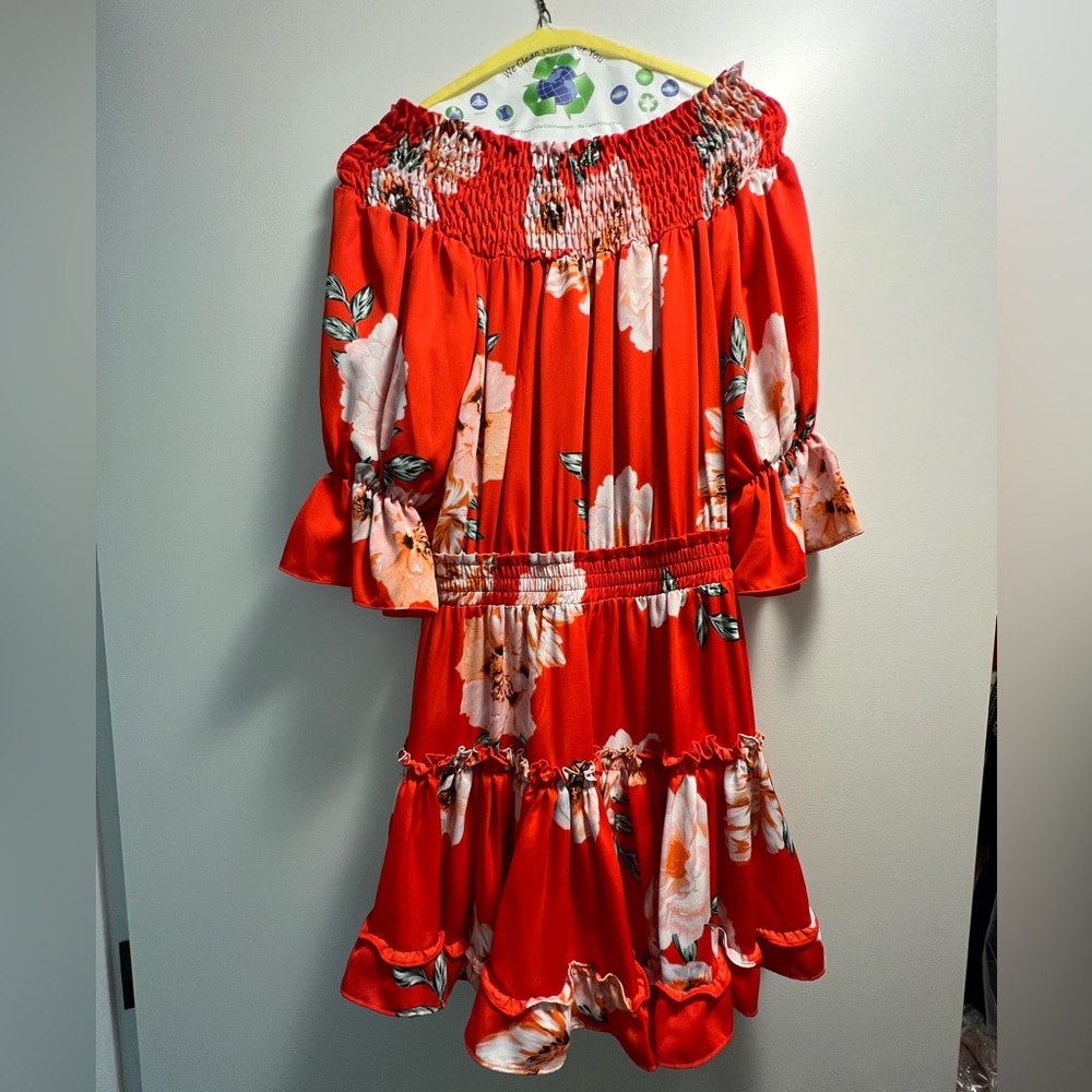 Misa red floral off shoulder dress
